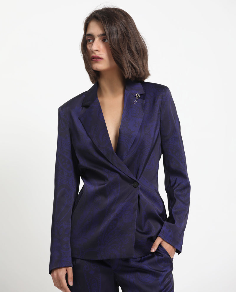 Rareism Women's Esena Dark Navy Polyester Fabric Full Sleeves Button Closure Lapel Neck Tailored Fit Abstract Print Blazer
