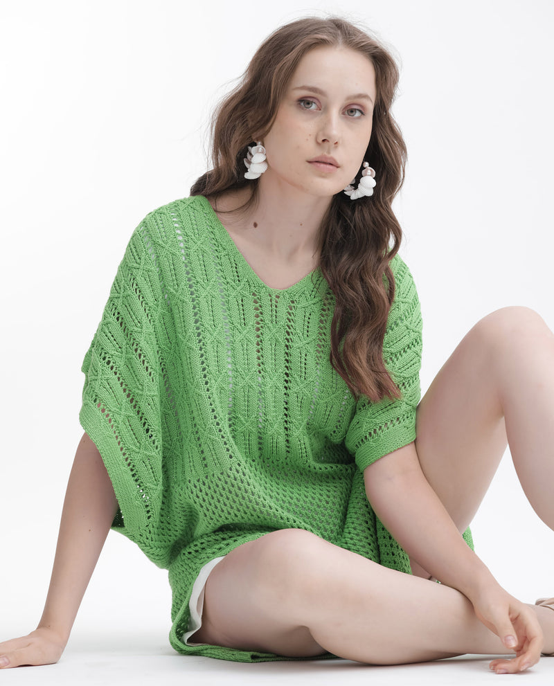 Rareism Women's Espantiago Green Cotton Fabric Short Sleeves V-Neck Extended Sleeve Relaxed Fit Plain Knee Length Dress