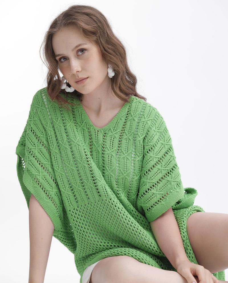 Rareism Women's Espantiago Green Cotton Fabric Short Sleeves V-Neck Extended Sleeve Relaxed Fit Plain Knee Length Dress