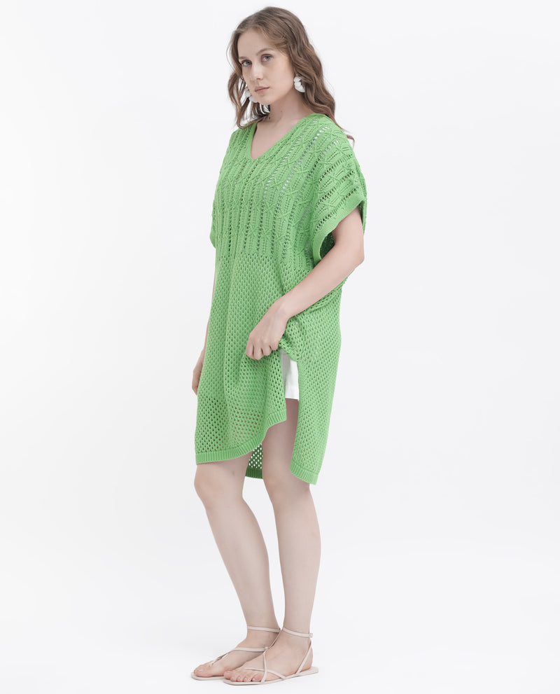 Rareism Women'S Espantiago Green Cotton Fabric Short Sleeves V-Neck Extended Sleeve Relaxed Fit Plain Knee Length Dress