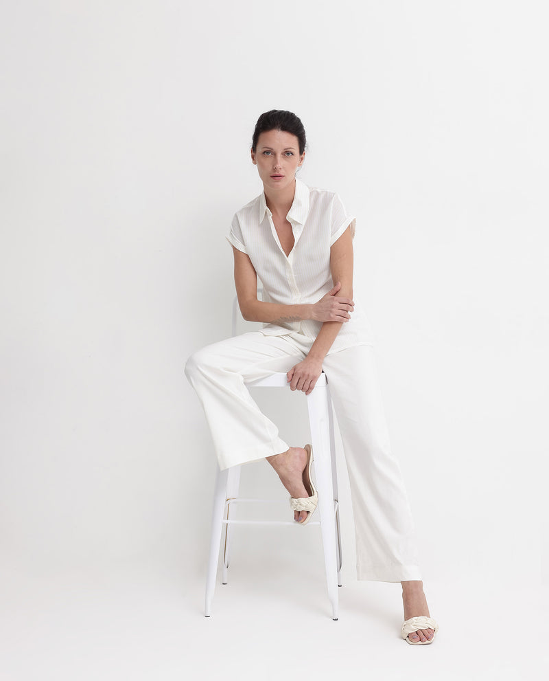 Rareism Women'S Europa Light White Polyester Fabric Sleeveless Collared Neck Button Closure Stripe Regular Fit Top