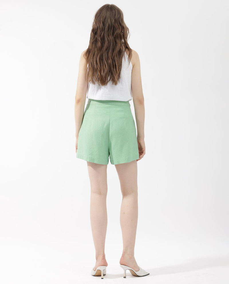 Rareism Women's Eveny Pastel Green Viscose Linen Fabric Zip Closure Slim Fit Plain Mini Shorts