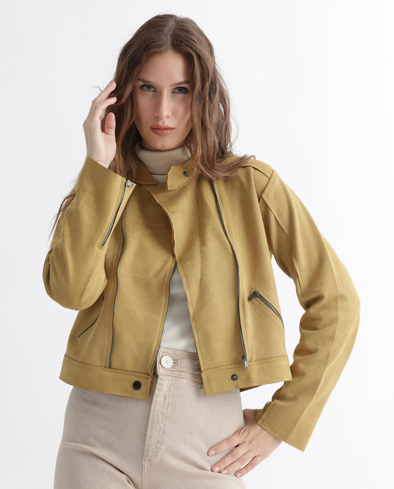 Rareism Women'S Everlee Dark Yellow Polyester Fabric Full Sleeves Solid Mandarin Collar Jacket