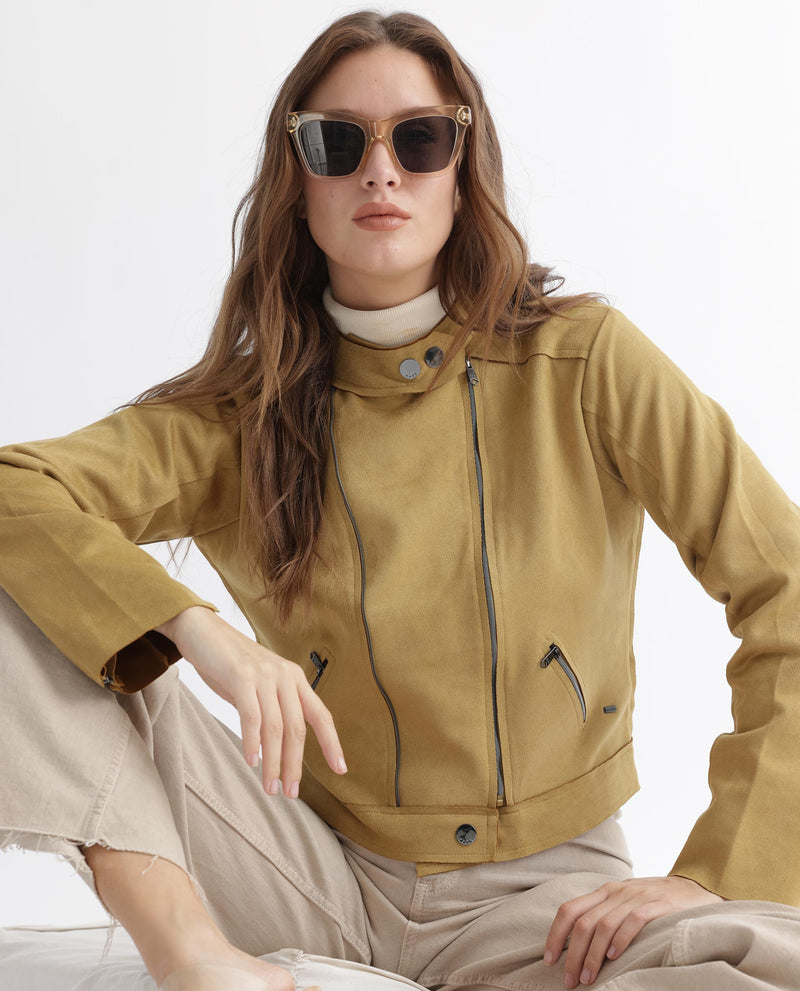 Rareism Women'S Everlee Dark Yellow Polyester Fabric Full Sleeves Solid Mandarin Collar Jacket