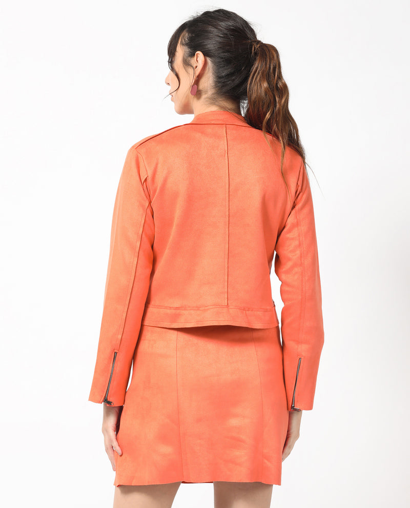Rareism Women's Everlee Orange Polyester Fabric Full Sleeves Solid Mandarin Collar Jacket