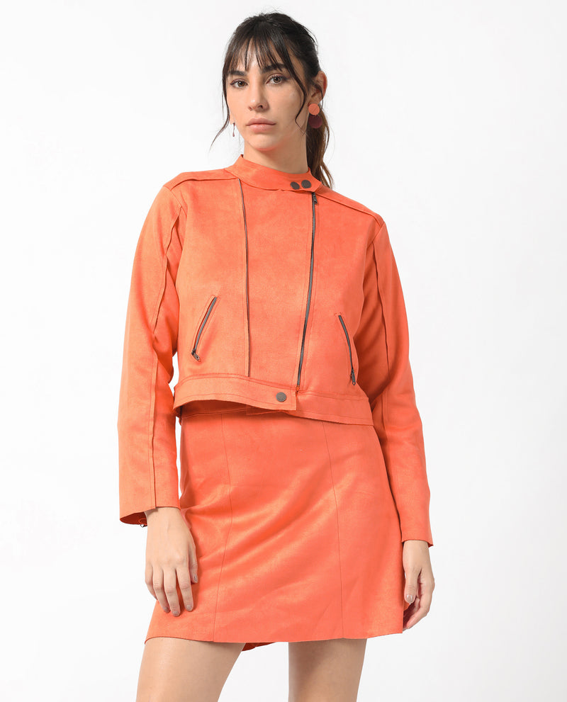 Rareism Women's Everlee Orange Polyester Fabric Full Sleeves Solid Mandarin Collar Jacket