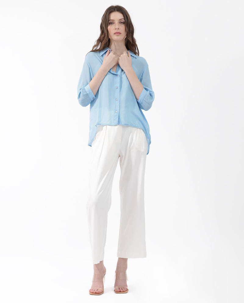 Rareism Women's Faina Light Blue Viscose Fabric 3/4Th Sleeves Button Closure Shirt Collar Cuffed Sleeve Regular Fit Plain Top