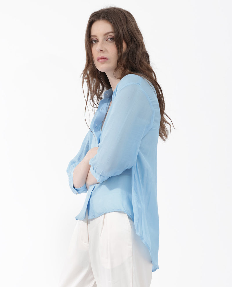 Rareism Women's Faina Light Blue Viscose Fabric 3/4Th Sleeves Button Closure Shirt Collar Cuffed Sleeve Regular Fit Plain Top