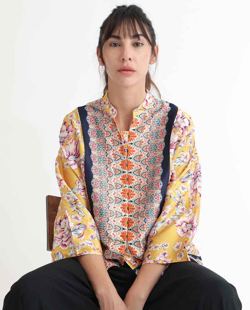 Rareism Women's Falke Yellow Polyester Fabric 3/4Th Sleeves Button Closure Mandarin Collar Kimono Sleeve Regular Fit Floral Print Knee Length Top