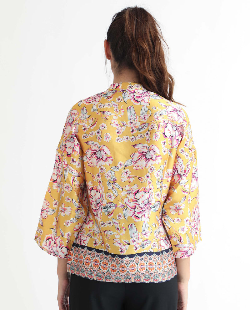 Rareism Women's Falke Yellow Polyester Fabric 3/4Th Sleeves Button Closure Mandarin Collar Kimono Sleeve Regular Fit Floral Print Knee Length Top