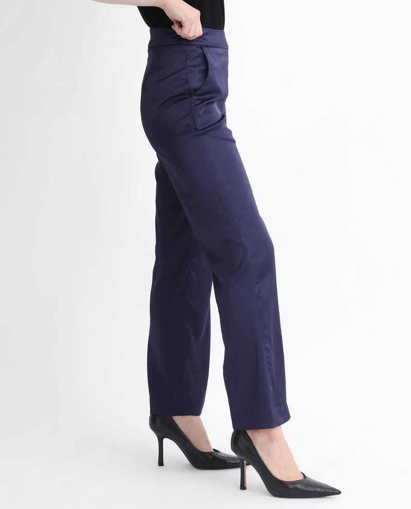 Rareism Women'S Falket Dark Blue Polyester Fabric Relaxed Fit Plain Ankle Length Trousers