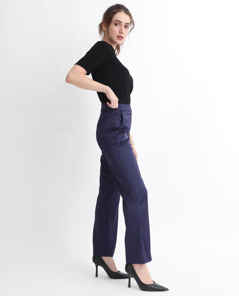 Rareism Women'S Falket Dark Blue Polyester Fabric Relaxed Fit Plain Ankle Length Trousers