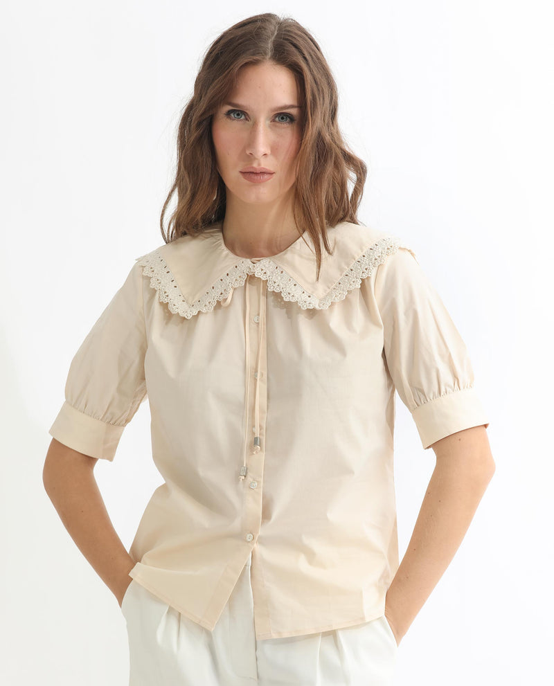 Rareism Women's Farse Light Beige Polyester Fabric Regular Fit Shirt Collar Half Sleeves Solid Top