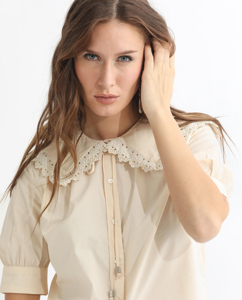 Rareism Women's Farse Light Beige Polyester Fabric Regular Fit Shirt Collar Half Sleeves Solid Top