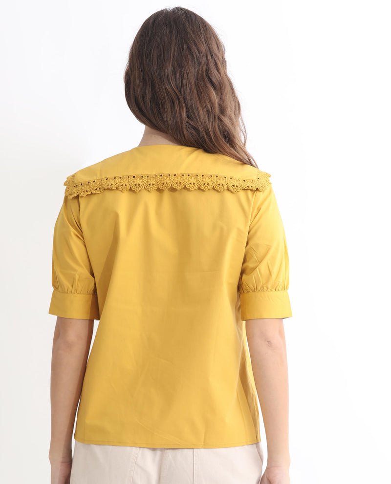 Rareism Women's Farse Dark Yellow Polyester Fabric Regular Fit Shirt Collar Half Sleeves Solid Top