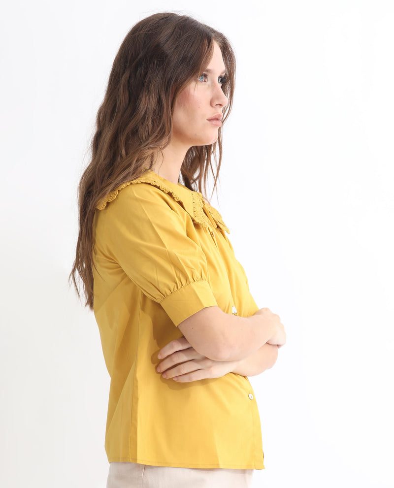 Rareism Women's Farse Dark Yellow Polyester Fabric Regular Fit Shirt Collar Half Sleeves Solid Top