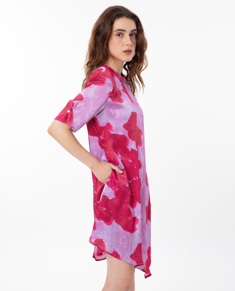 Rareism Women's Fasan Light Purple Polyester Fabric Short Sleeves Zip Closure High Neck Relaxed Fit Floral Print Knee Length Asymmetric Dress