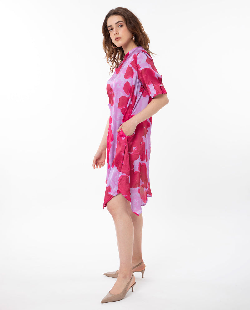 Rareism Women's Fasan Light Purple Polyester Fabric Short Sleeves Zip Closure High Neck Relaxed Fit Floral Print Knee Length Asymmetric Dress