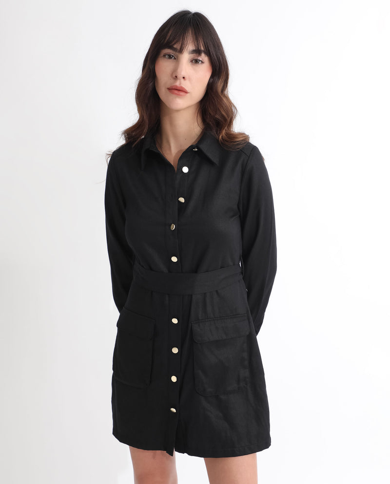 Rareism Women's Fenko Black Cotton Fabric Full Sleeves Button Closure Shirt Collar Relaxed Fit Plain Short Shirt Type Dress