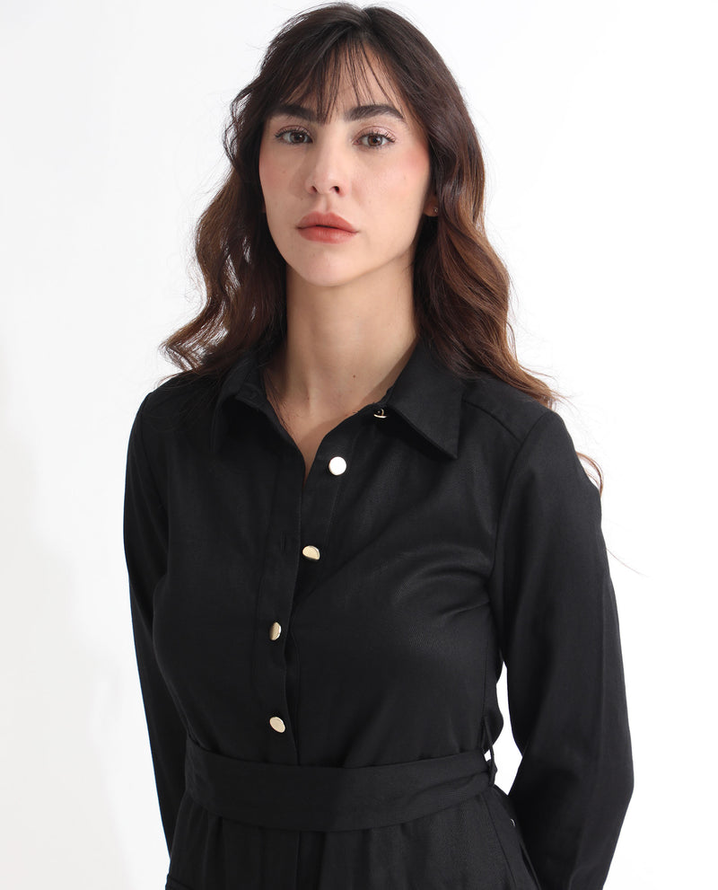 Rareism Women's Fenko Black Cotton Fabric Full Sleeves Button Closure Shirt Collar Relaxed Fit Plain Short Shirt Type Dress