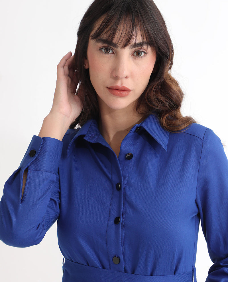 Rareism Women's Fenko Fluorescent Blue Shirt Collar Full Sleeves Front Full Button Closure With Patch Pockets Mini Dress