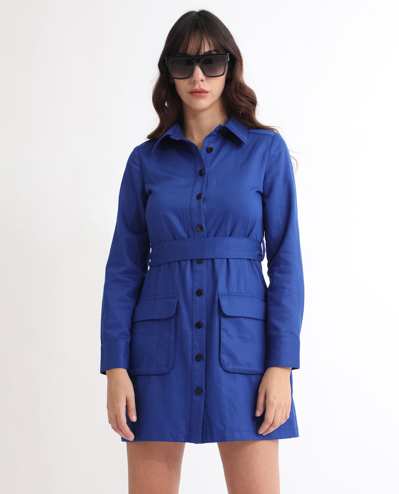 Rareism Women's Fenko Fluorescent Blue Shirt Collar Full Sleeves Front Full Button Closure With Patch Pockets Mini Dress