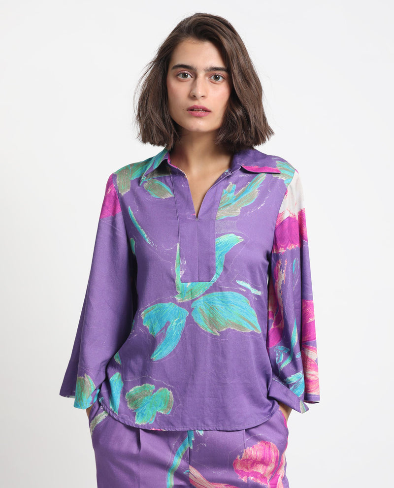 Rareism Women's Ferguson Light Purple Cotton Fabric Full Sleeves Shirt Collar Flared Sleeve Tailored Fit Abstract Print Top