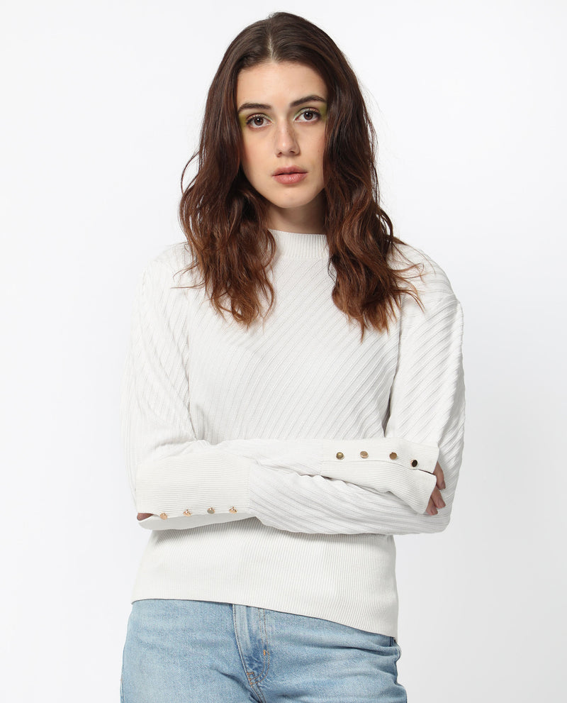 Rareism Women's Fischer White Viscose Fabric Full Sleeves High Neck Regular Fit Plain Sweater
