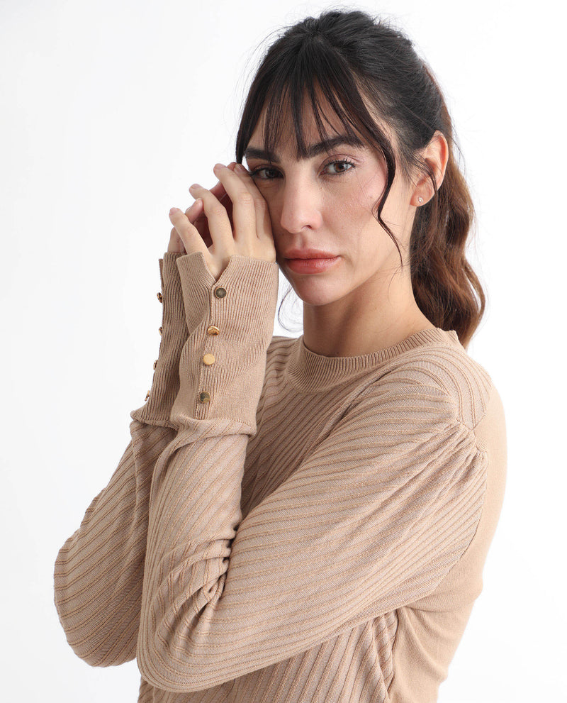 Rareism Women's Fischer Beige Viscose Fabric Full Sleeves Knee Length Regular Fit Solid High Neck Sweater