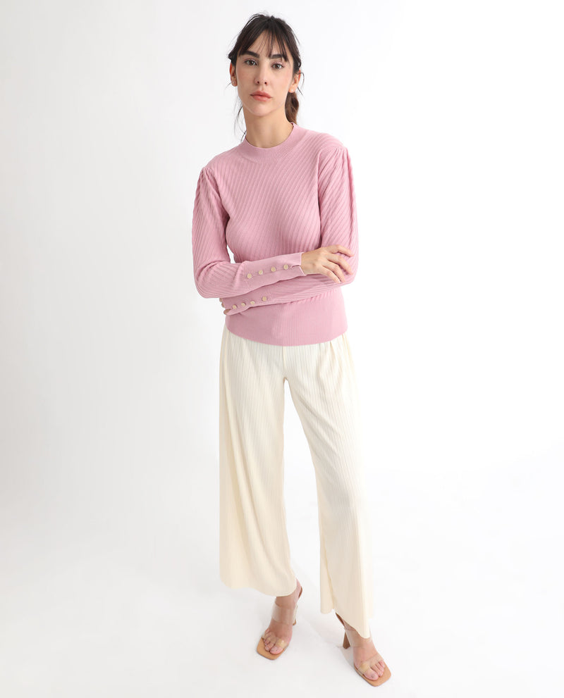 Rareism Women's Fischer Pink Viscose Fabric Full Sleeves Knee Length Regular Fit Solid High Neck Sweater
