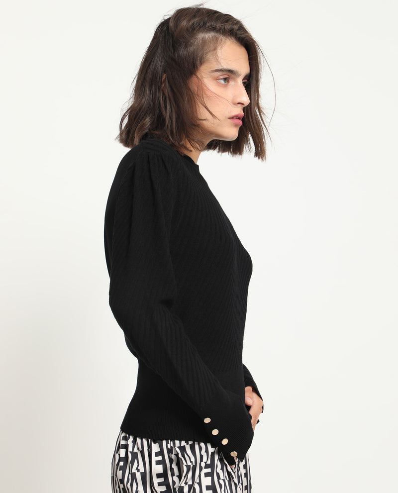 Rareism Women's Fischer Black Viscose Fabric Full Sleeves Knee Length Regular Fit Solid High Neck Sweater