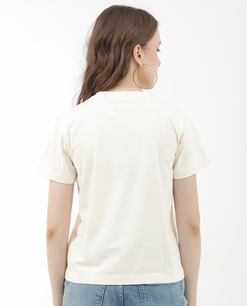 Rareism Women'S Flank Off White Cotton Elastane Fabric Crew Neck Knit Solid T-Shirt