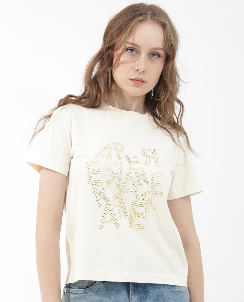 Rareism Women'S Flank Off White Cotton Elastane Fabric Crew Neck Knit Solid T-Shirt