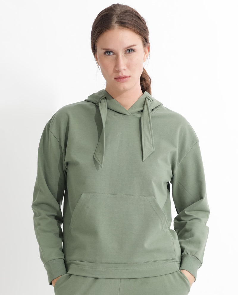 Rareism Women'S Flynn Dusky Green Cotton Lycra Fabric Regular Fit Full Sleeves Solid Hooded Sweatshirt