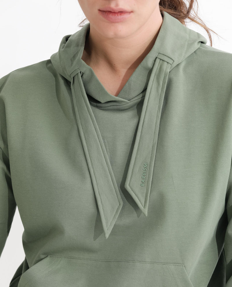 Rareism Women'S Flynn Dusky Green Cotton Lycra Fabric Regular Fit Full Sleeves Solid Hooded Sweatshirt