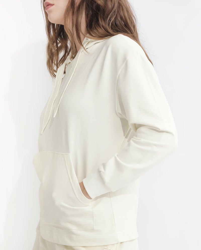 Rareism Women'S Flynn Off White Cotton Lycra Fabric Regular Fit Full Sleeves Solid Hooded Sweatshirt