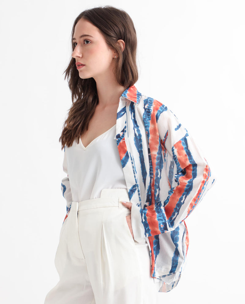 Rareism Women's Foil Off White Modal Satin Fabric Regular Fit Shirt Collar Full Sleeves Print Top