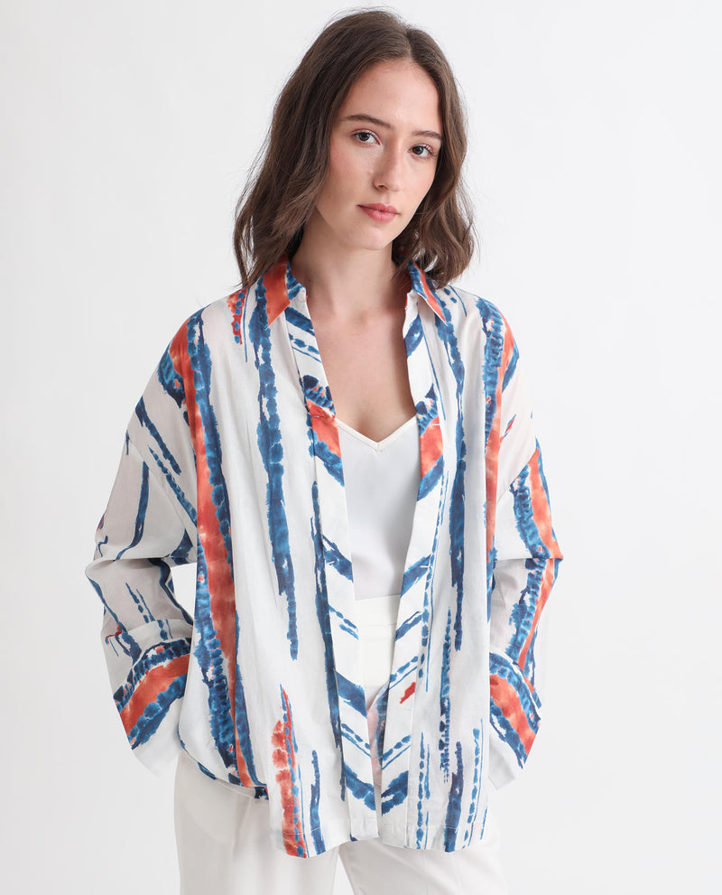 Rareism Women's Foil Off White Modal Satin Fabric Regular Fit Shirt Collar Full Sleeves Print Top