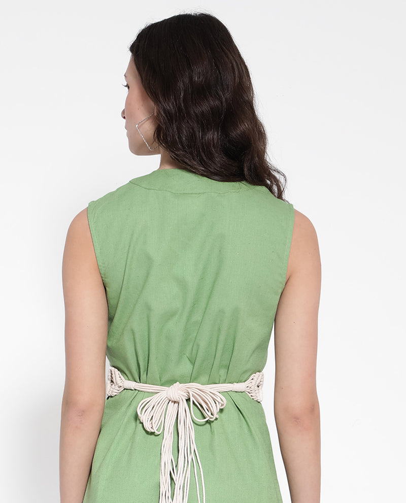 Rareism Women'S Foream Pastel Green Cotton Linen Fabric Sleeveless V-Neck Solid Longline Dress