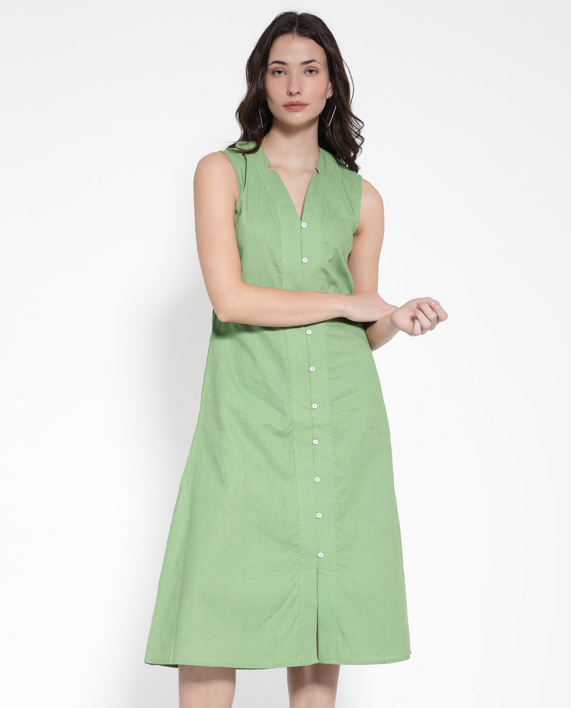 Rareism Women'S Foream Pastel Green Cotton Linen Fabric Sleeveless V-Neck Solid Longline Dress