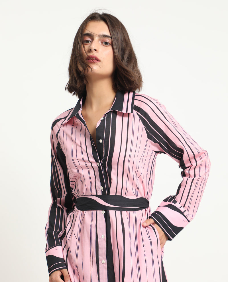 Rareism Women's Fraser Dark Pink Cotton Fabric Full Sleeves Button Closure Shirt Collar Cuffed Sleeve Fit And Flare Striped Midi Boxy Dress