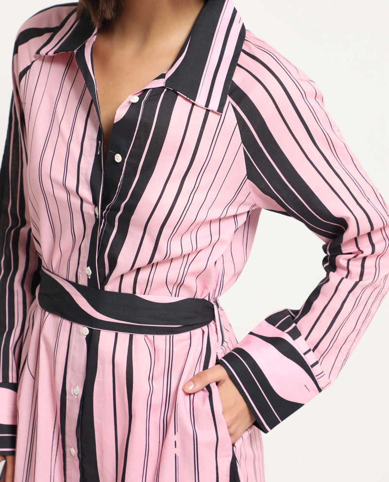 Rareism Women's Fraser Dark Pink Cotton Fabric Full Sleeves Button Closure Shirt Collar Cuffed Sleeve Fit And Flare Striped Midi Boxy Dress