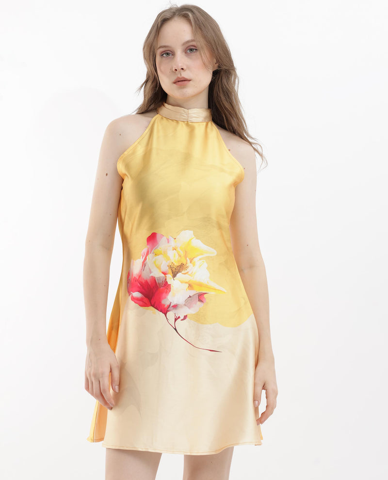 Rareism Women's Fumero Yellow Polyester Fabric Zip Closure Halter Neck Sleeveless Straight Fit Floral Print Mini Dress