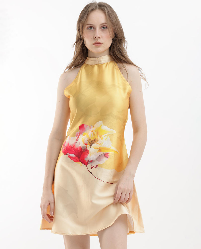 Rareism Women's Fumero Yellow Polyester Fabric Zip Closure Halter Neck Sleeveless Straight Fit Floral Print Mini Dress