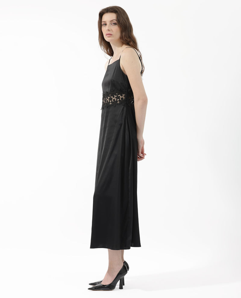 Rareism Women's Galcia Black Polyester Fabric Sleeveless Zip Closure Shoulder Straps Regular Fit Plain Maxi A-Line Dress