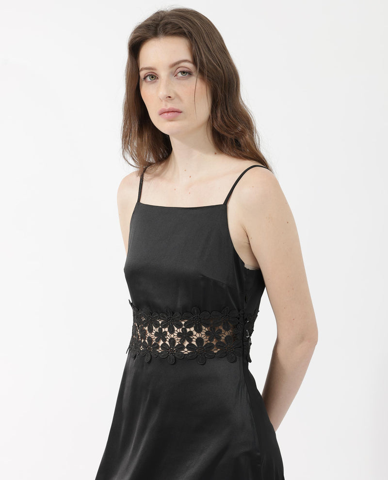 Rareism Women's Galcia Black Polyester Fabric Sleeveless Zip Closure Shoulder Straps Regular Fit Plain Maxi A-Line Dress