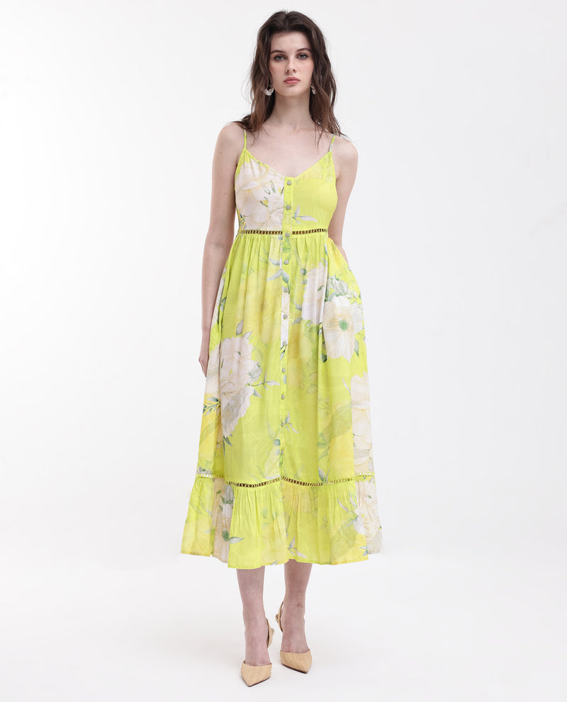 Rareism Women'S Galina Flouroscent Green Viscose Fabric Noodle Strap Floral Print Maxi Longline Dress