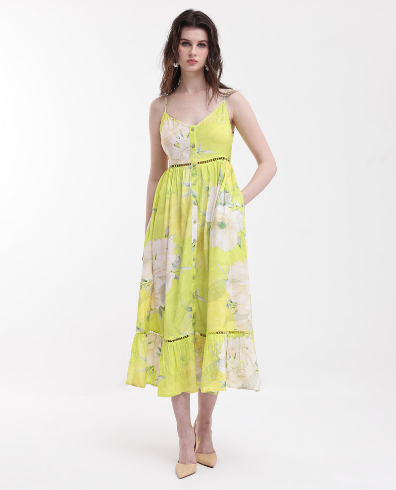 Rareism Women'S Galina Flouroscent Green Viscose Fabric Noodle Strap Floral Print Maxi Longline Dress