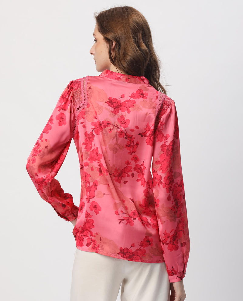 Rareism Women's Gelbs Pink Polyester Fabric Full Sleeves Button Closure Mandarin Collar Regular Fit Floral Print Knee Length Top