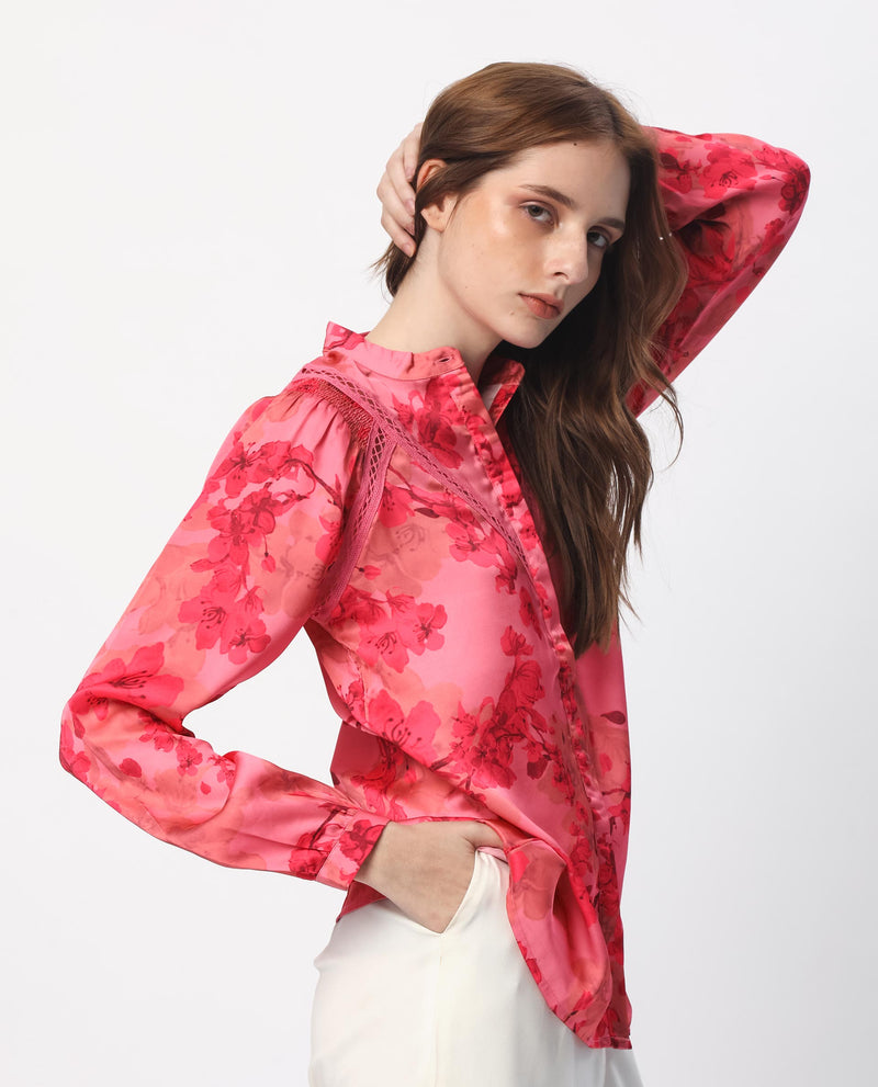 Rareism Women's Gelbs Pink Polyester Fabric Full Sleeves Button Closure Mandarin Collar Regular Fit Floral Print Knee Length Top